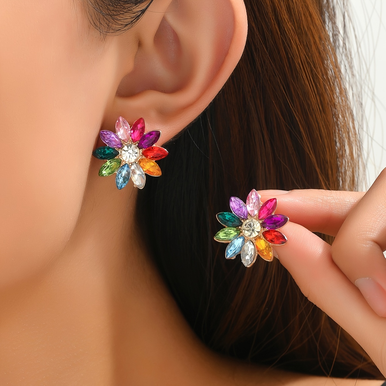 

Exquisite Flower Design Colorful Shiny Zircon Inlaid Dangle Earrings Elegant Boho Style Delicate Female Earrings