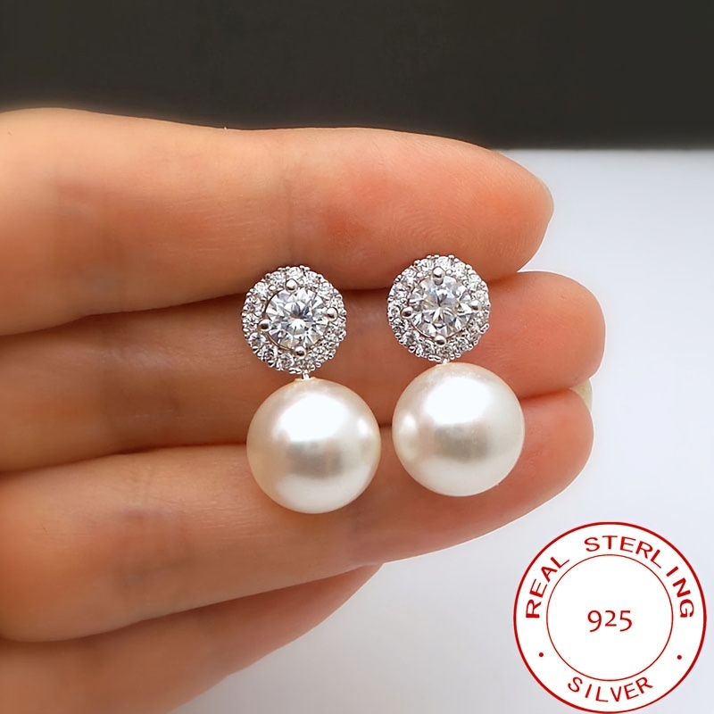 

925 Sterling Silver Hypoallergenic Stud Earrings With Imitation Pearl & Zircon Inlaid Elegant Vintage Style For Women Party Earrings