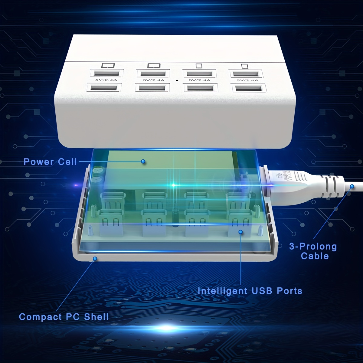 60W/12A 8-Port Desktop Charging Station Multiple USB, Multi Port Travel  Fast Wall Charger Hub with LCD for Smart Phones, Tablet and More (White)