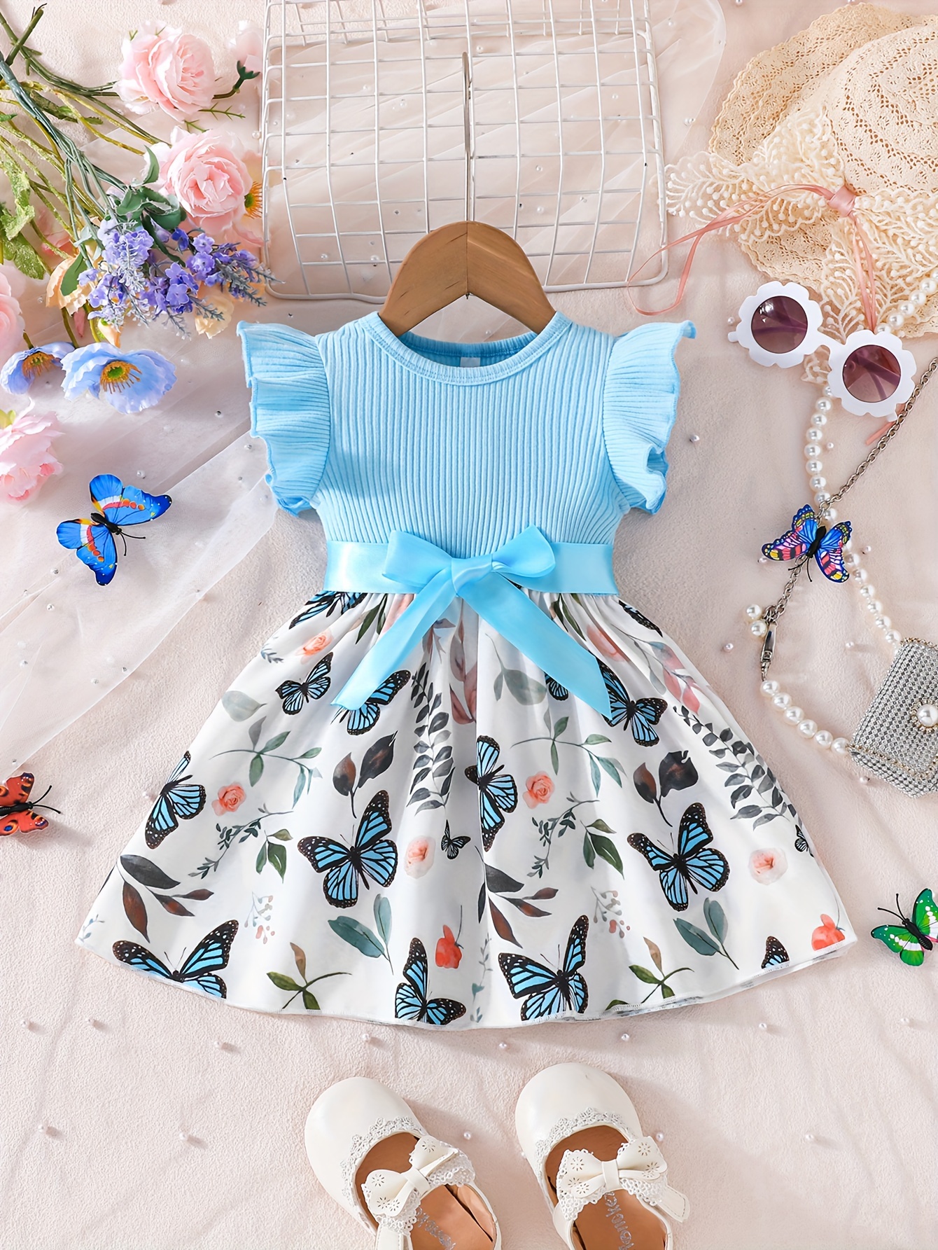 Baby 2pcs Blue Long-sleeve Splicing Star White Mesh Bowknot Dress Set