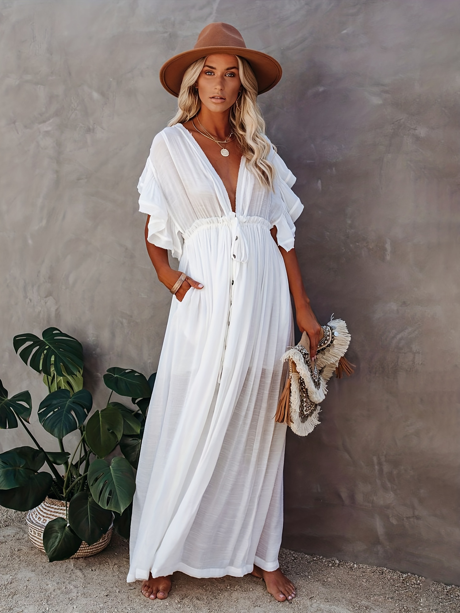 Ruffle Sleeve Beach Cover Up Dress Boho Style Tie Back Backless Kaftan