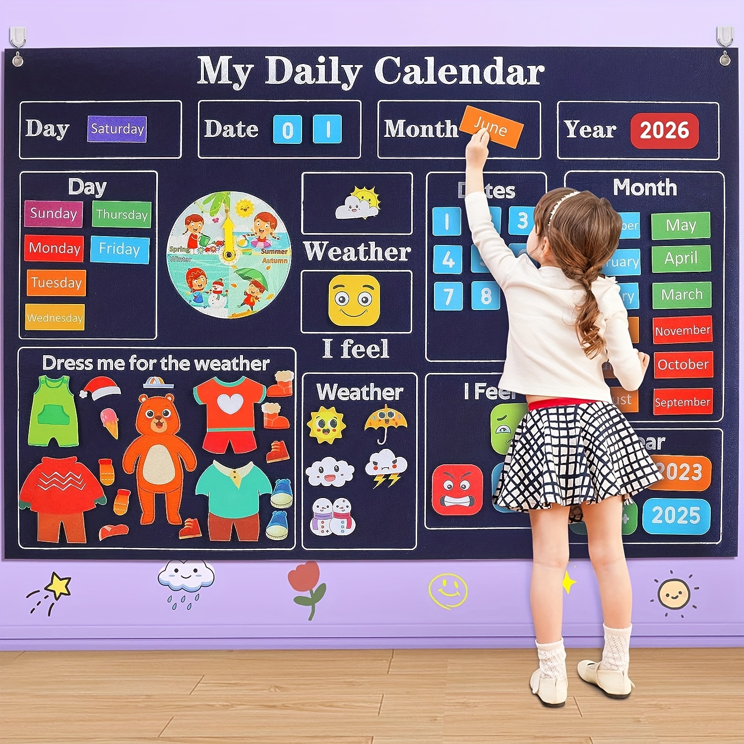 Tableau de calendrier d'apprentissage mur ou réfrigérateur jouet éducatif  d'enseignement pour tout-petits enfants 