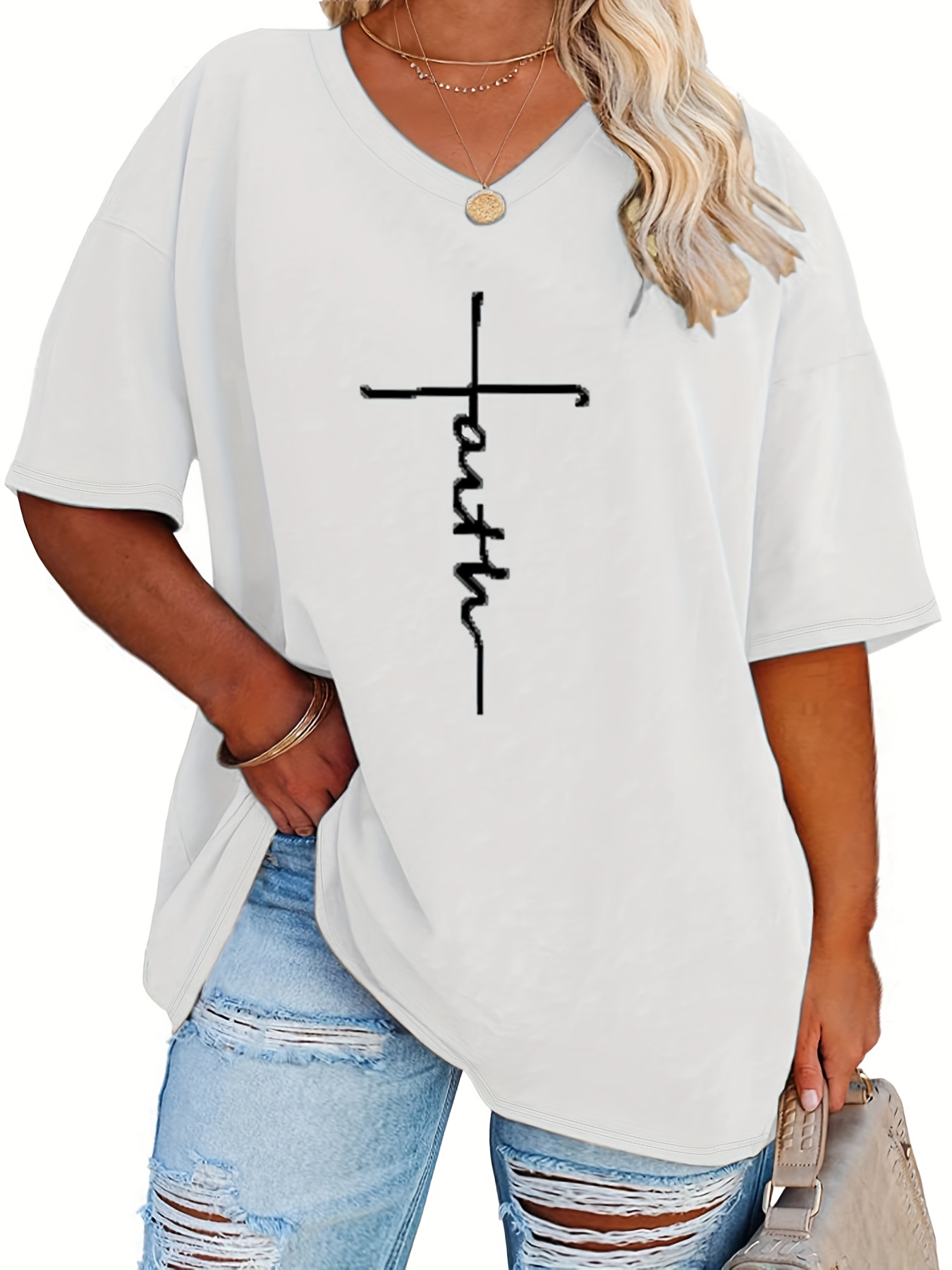 Plus Size - Women'S Plus Size V-Neck Casual T-Shirt - Short Sleeve, White with Black Letter Print, Lightweight Summer Tee for Casual Attire, Ladies T Shirts