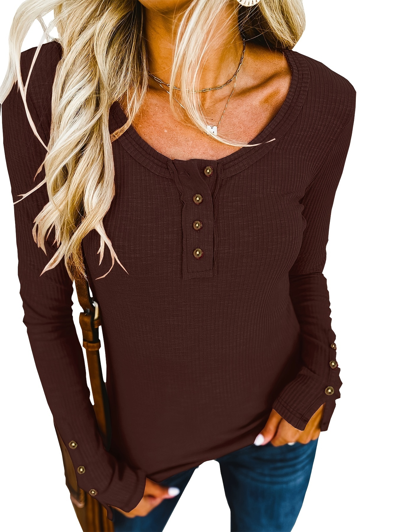 TQWQT Womens Long Sleeve Henley Tops Casual Button Up Tunic Blouse
