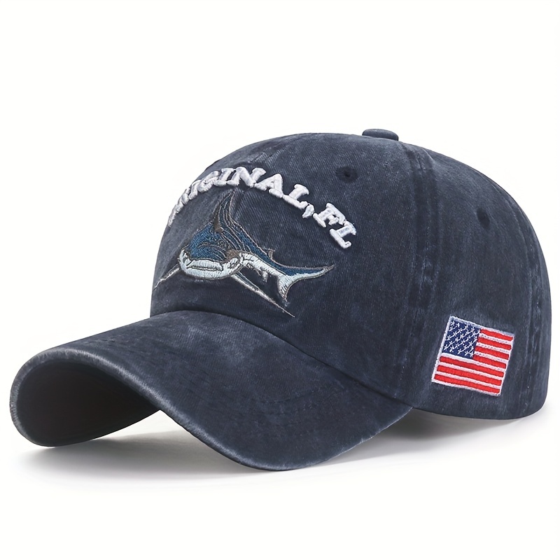 Distressed Shark Embroidery Baseball Cap Vintage Sun Hat
