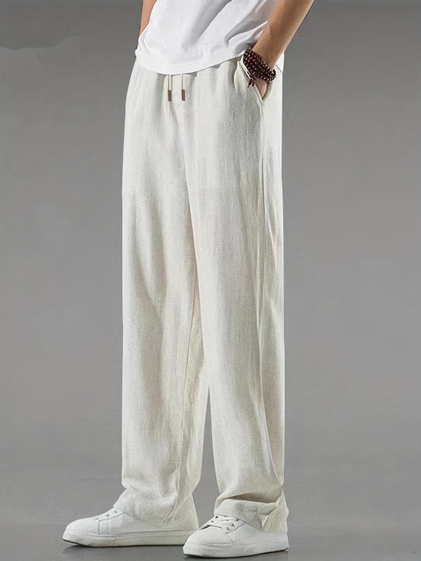 Solid Drawstring Waist Cotton Pants Casual Slant Pocket Slim - Temu