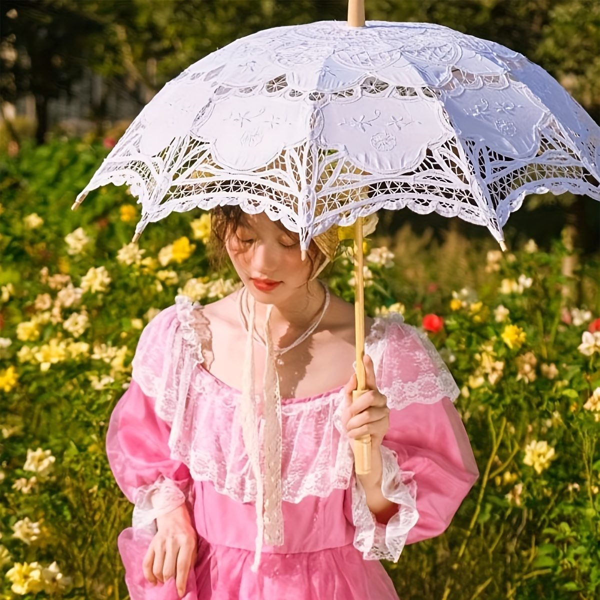 

1pc Wedding Lace Umbrella, Bride Bridesmaid Flower Girl Wedding Umbrella, Decorative Umbrella, Wedding Umbrella, Straight Wooden Handle Umbrella