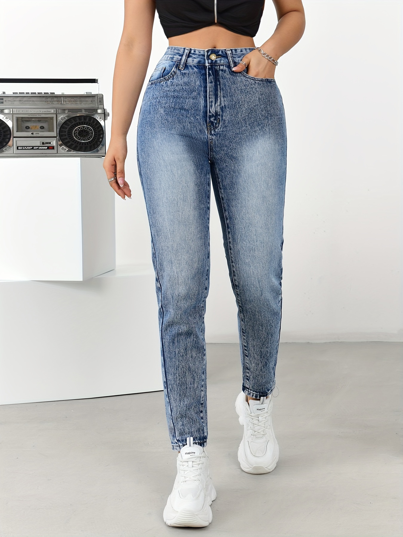 Loose Fit Versatile Mom Jeans, Slant Pockets Non-Stretch Casual Tapered  Jeans, Women's Denim Jeans & Clothing