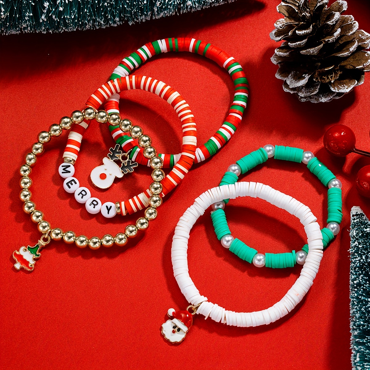 Santa Claus Pendant Beaded Bracelet Set Red Green Soft Clay - Temu