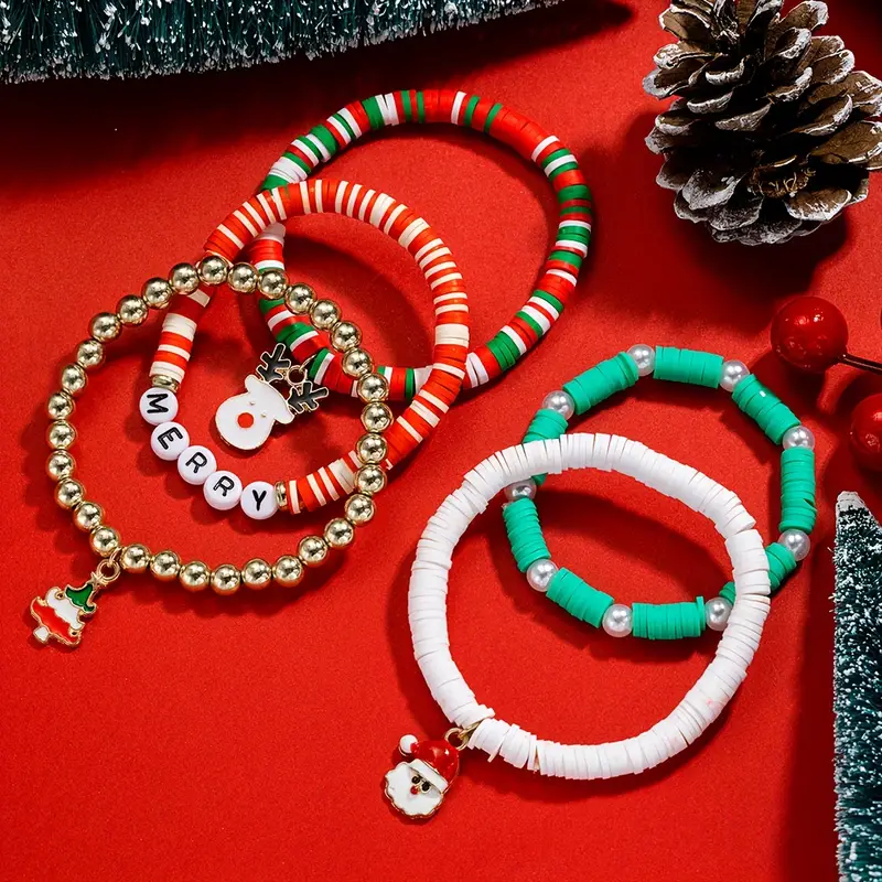 5pcs Reindeer Pendant Beaded Bracelet Set with Colorful Soft Clay Beads Stackable Hand String,Temu