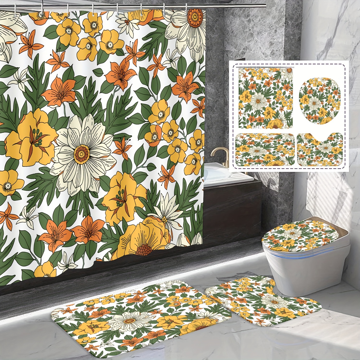 Golden Floral Print Shower Curtain Set, Bathroom Rug, U-shape Mat