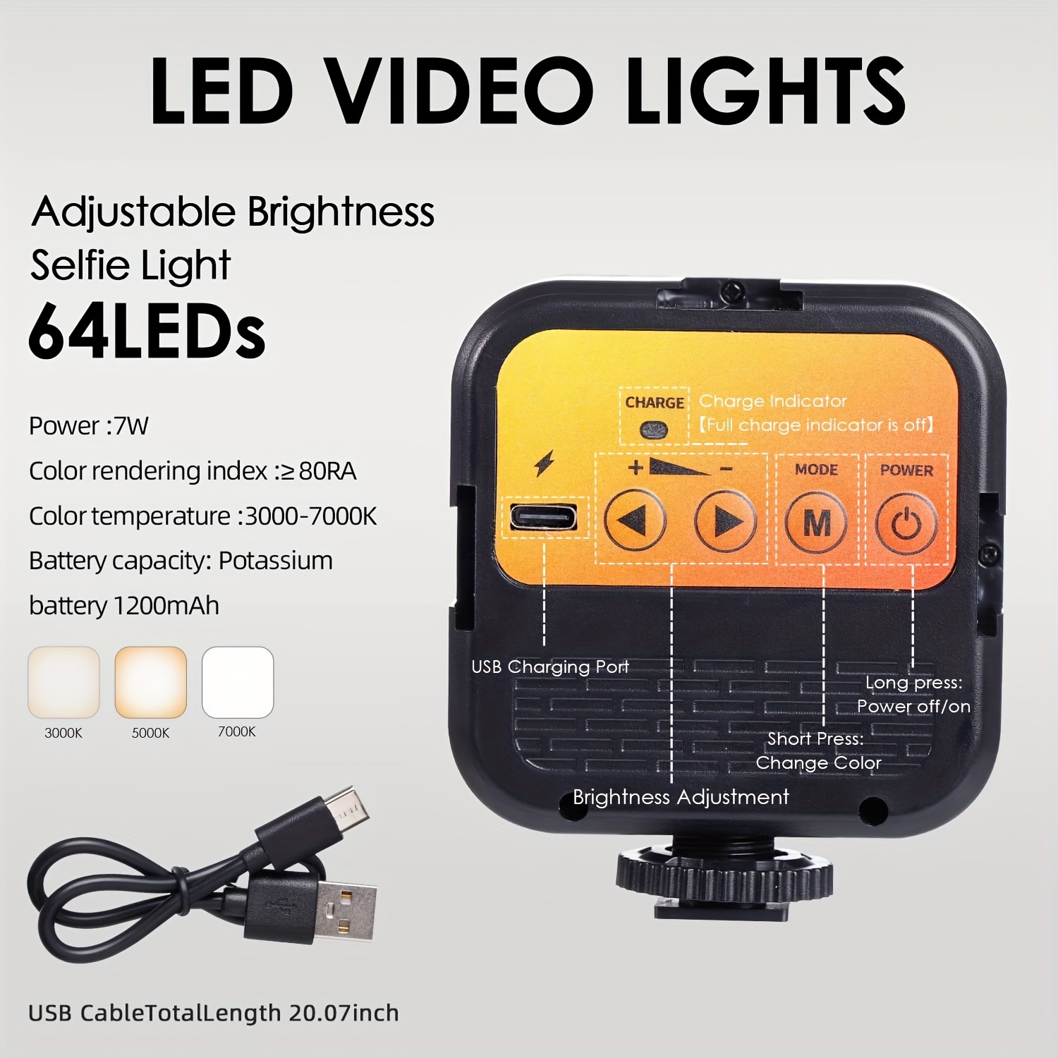 Luz para selfie, 60 LED de 2200 mAh recargable para teléfono celular, 7  modos, brillo de 10 niveles, luz portátil con clip para
