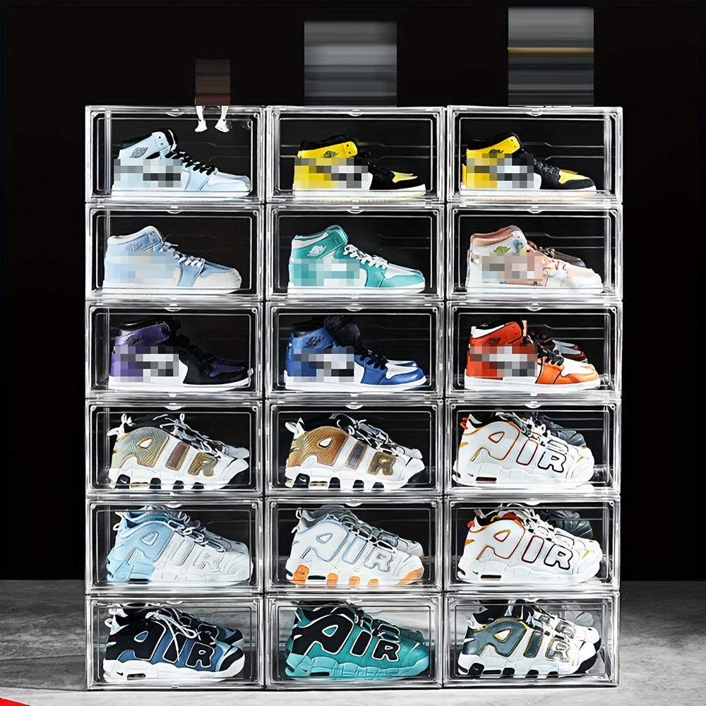  Organizador de almacenamiento de zapatos transparente grueso y  resistente con puerta magnética, cajas de almacenamiento de zapatos  apilables para armario, zapatero plegable que ahorra espacio para  contenedor de botas de tenis