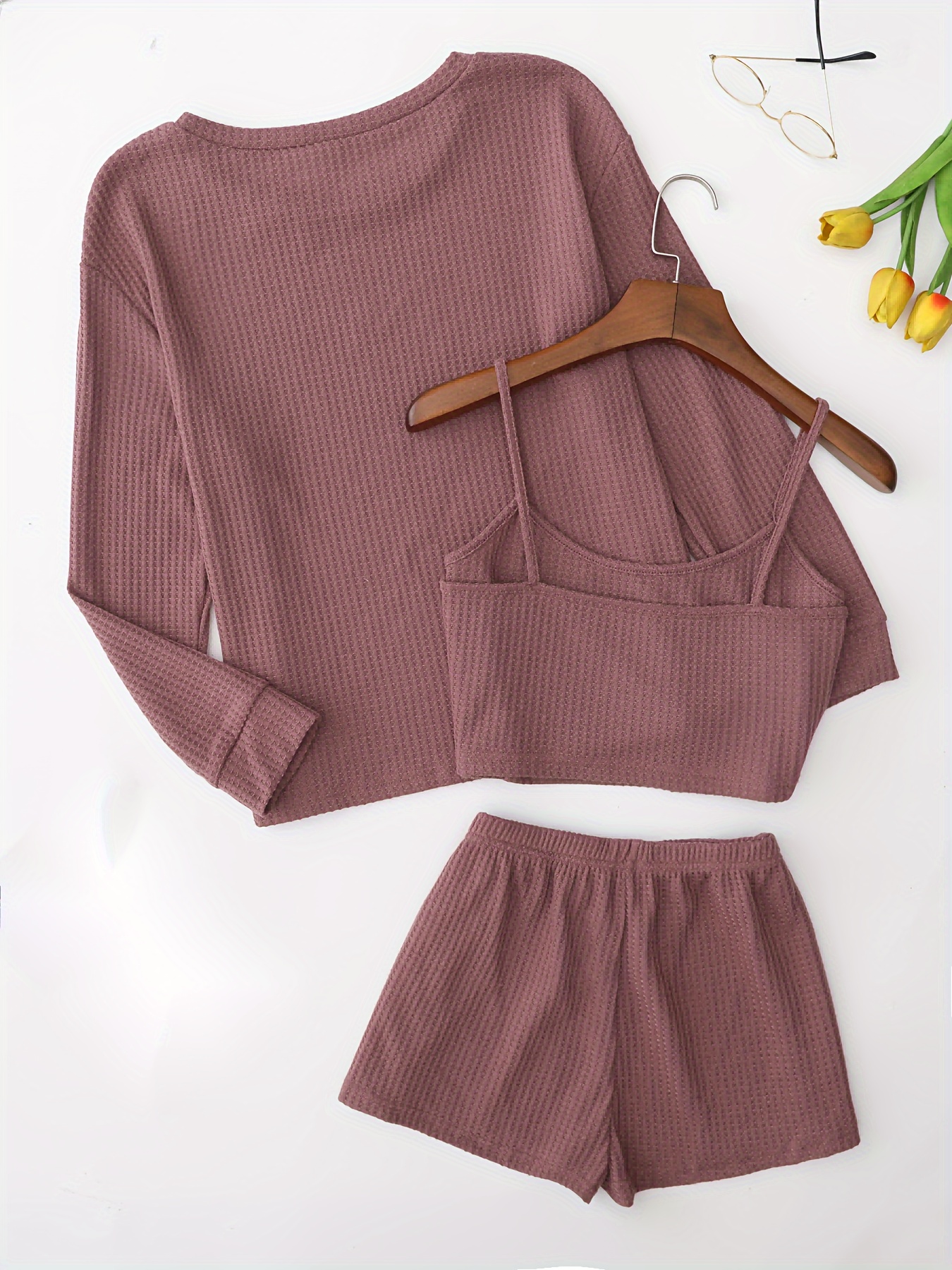 Waffle Loungewear Set: Top, Cami, Shorts