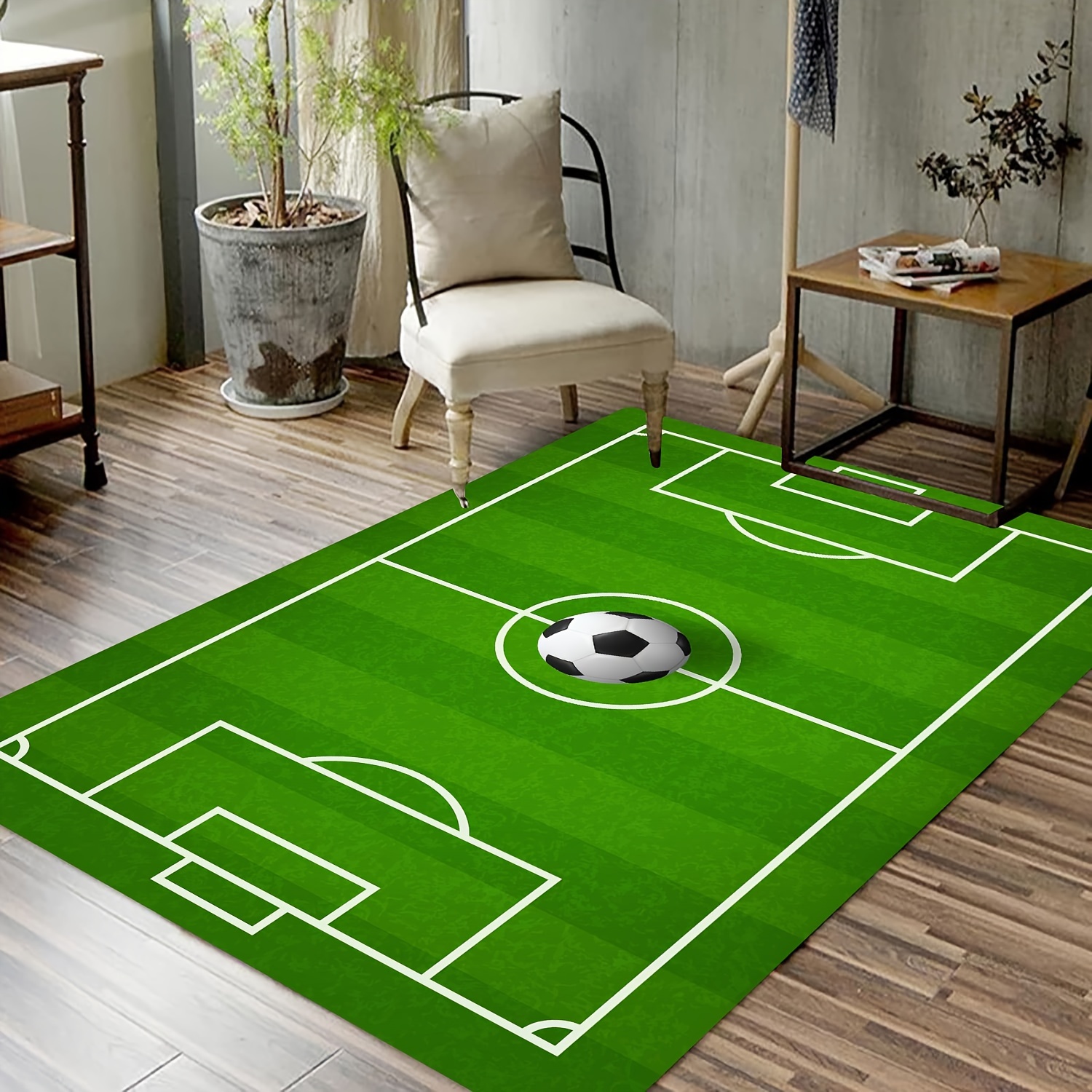1pc Alfombra de área con patrón de entrenamiento de fútbol, alfombra verde  para interiores de deportes para niños, alfombra de suelo para sala de esta