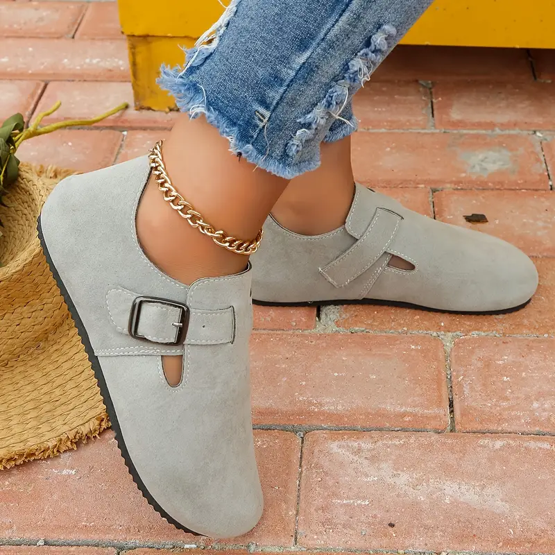 womens solid color flat mules round toe low top wear resistant non slip ankle buckle shoes casual outdoor shoes details 5