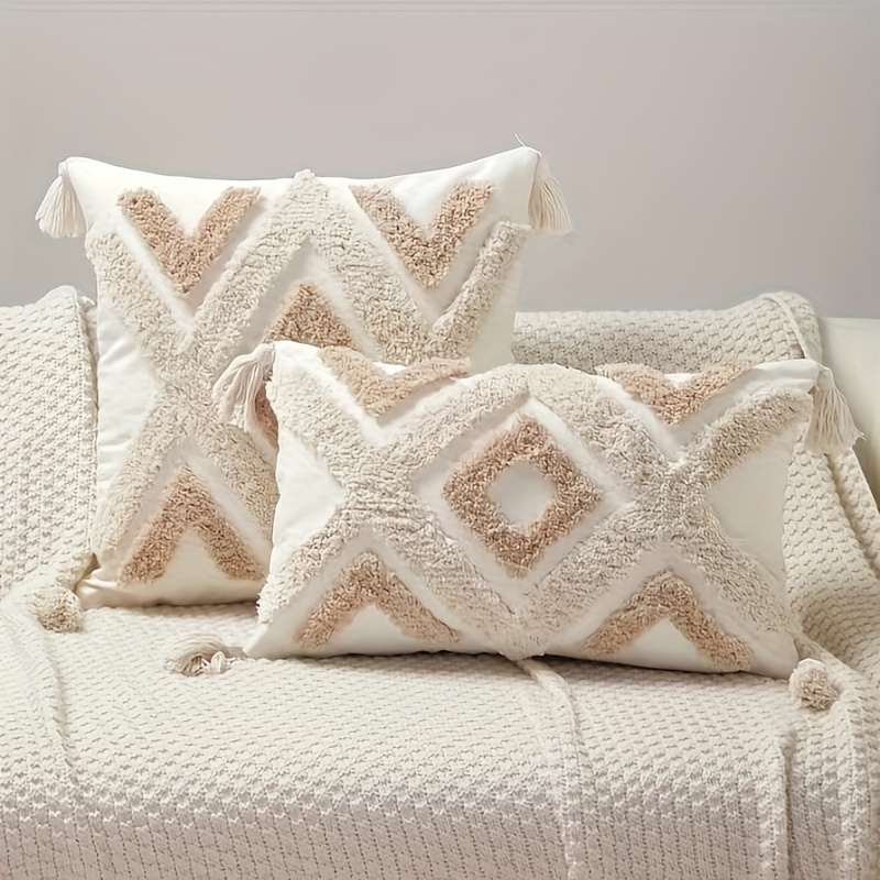 

1pc Decorative Boho Beige Throw Pillow Covers, Accent Neutral Tufted Pillow Covers With Tassel For Couch Bed Sofa Living Room, No Pillow Insert