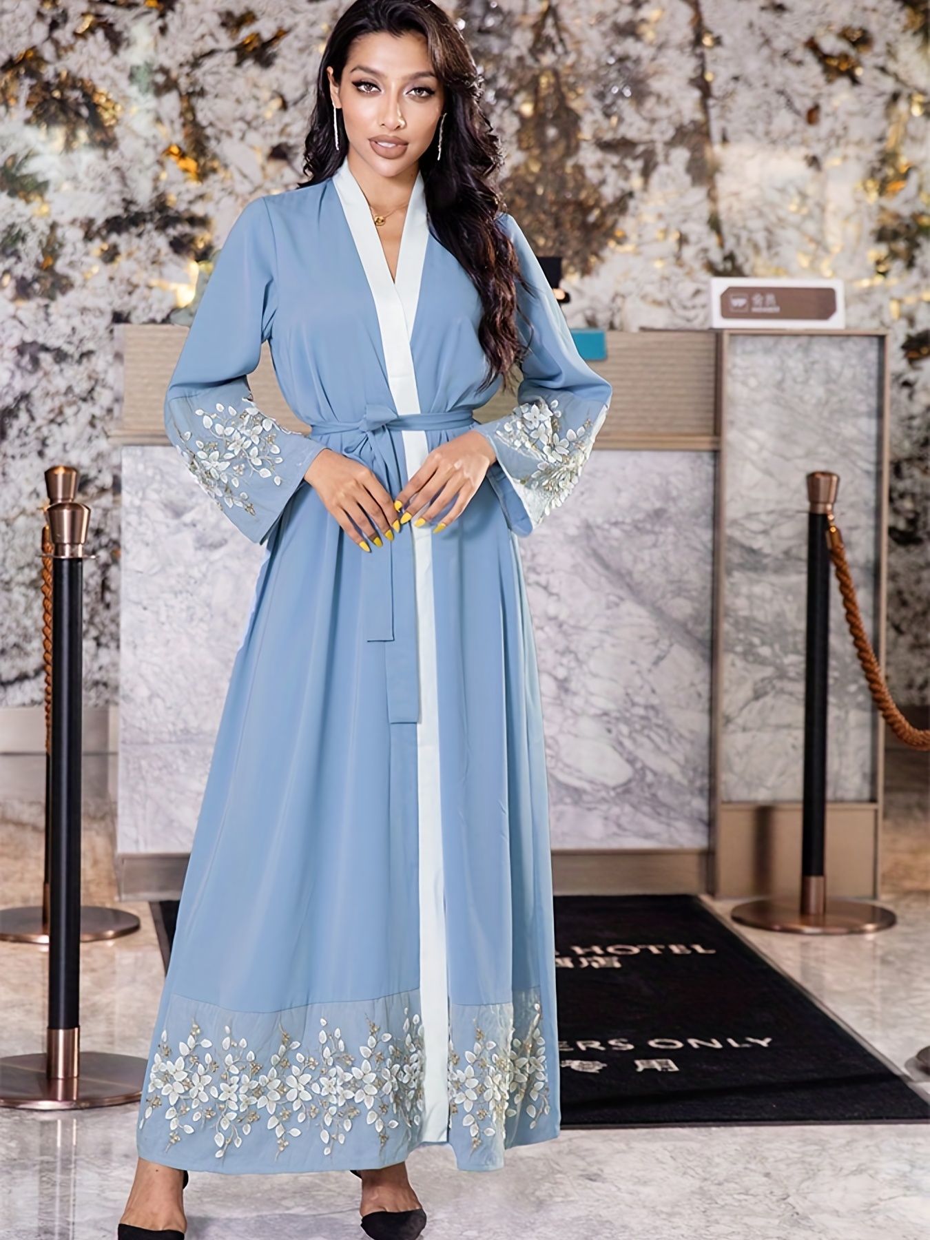 Vestido Kaftan Con Estampado Floral De Ramadán, Elegante Vestido Maxi De Manga Larga Abierto Al Frente, Ropa De Mujer