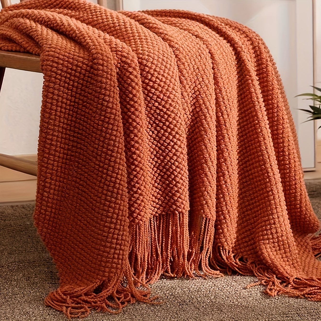 

1pc Orange Tassel Knitted Blanket, Warm Soft Throw Blanket For Couch Bed Sofa Office Camping