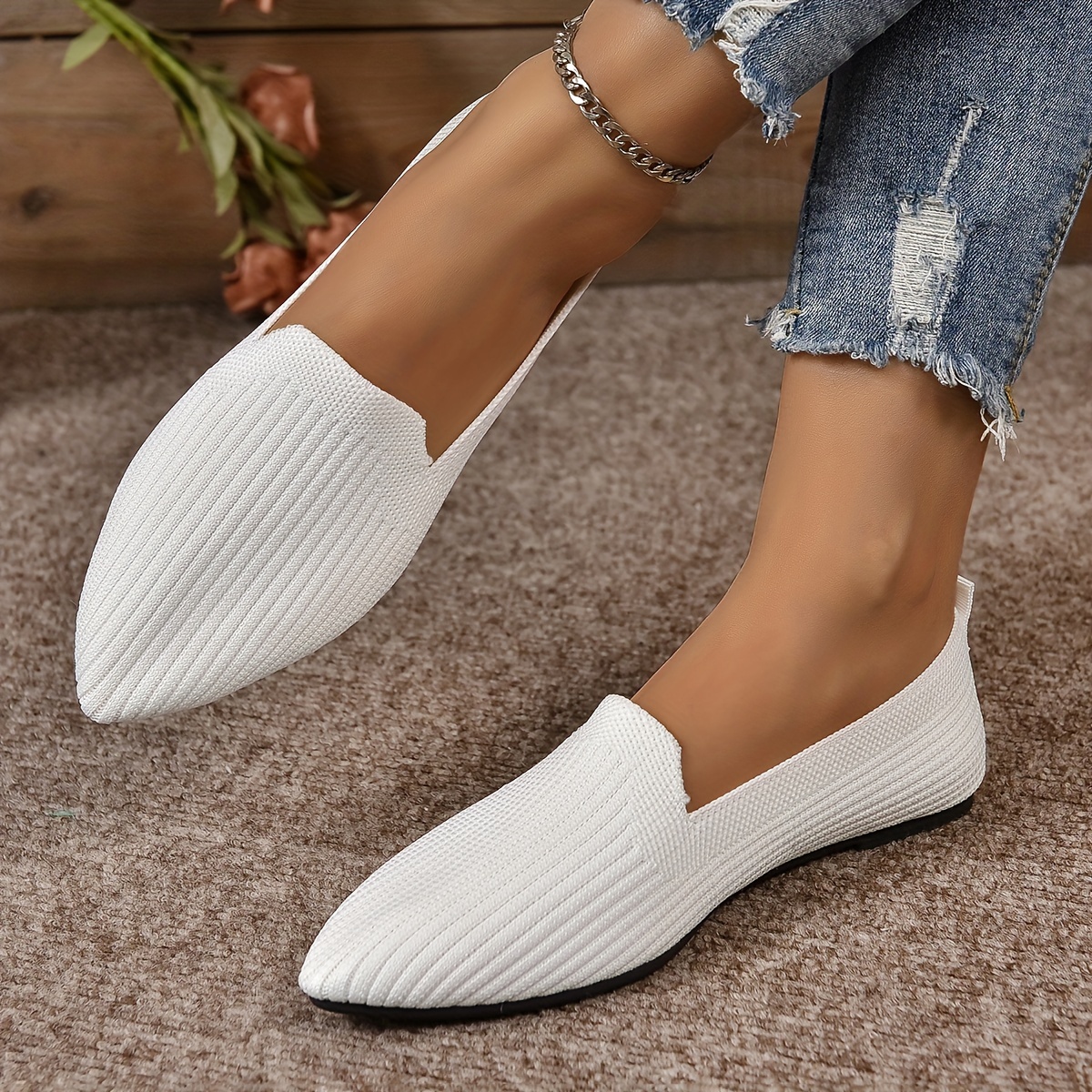 Chaussures Plates De Couleur Unie Pour Femmes Chaussures Enfiler Respirantes Bout Pointu Chaussures Blanches L g res Et Confortables