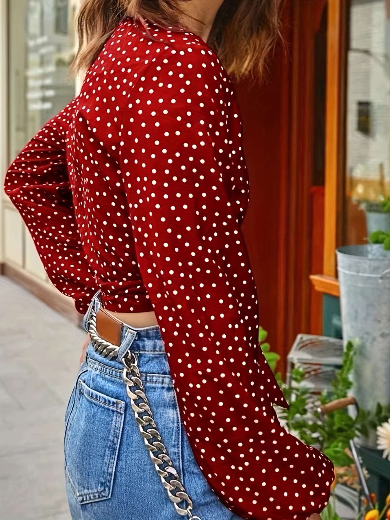 Classic Long-Sleeve Surplice-Neck Shirred-Waist Crop Blouse