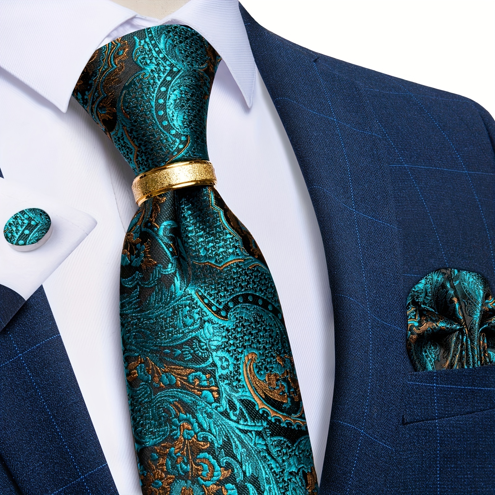 Conjunto De Pañuelo Y Corbata Para Hombres De Seda Pre-atada Con Estampado  De Flores Azules Y Rayas, Ajustable Para Bodas, Moda de Mujer