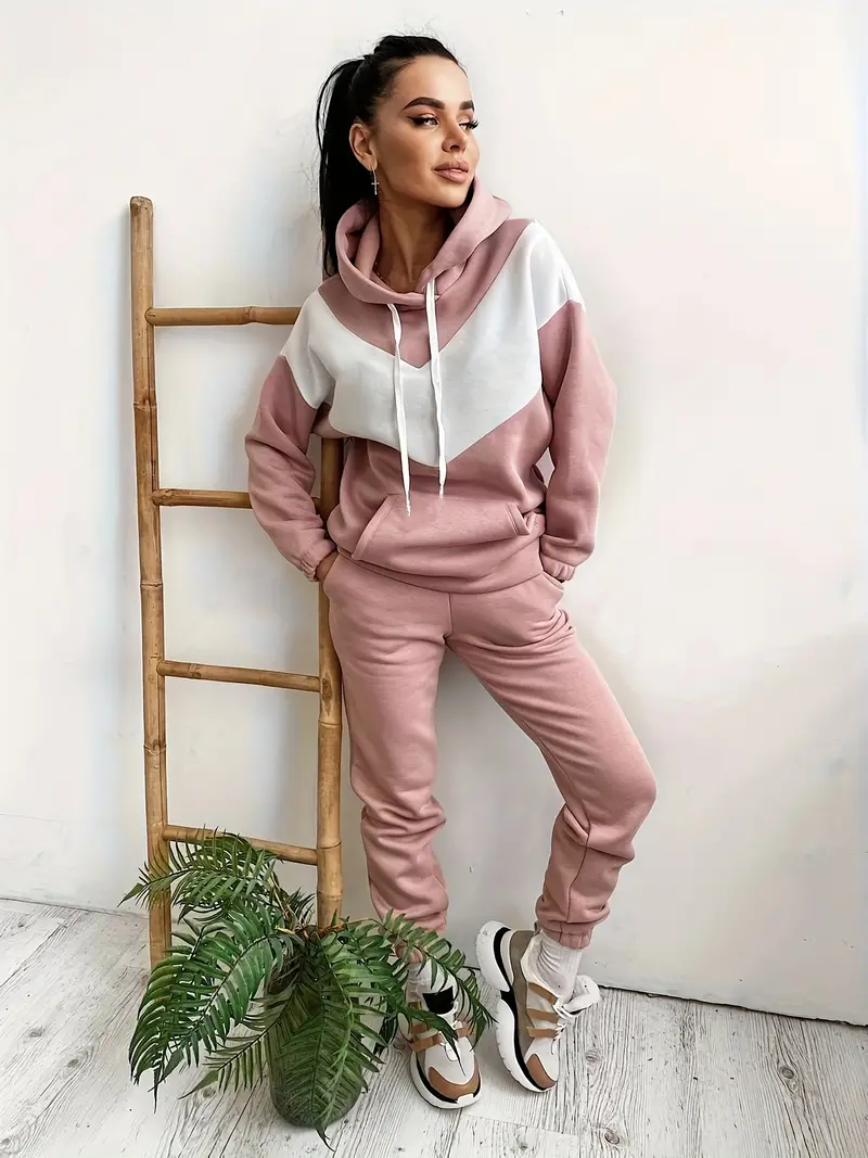 Women's Casual Sports Set Two Tone Color Drawstring Pullover - Temu Germany