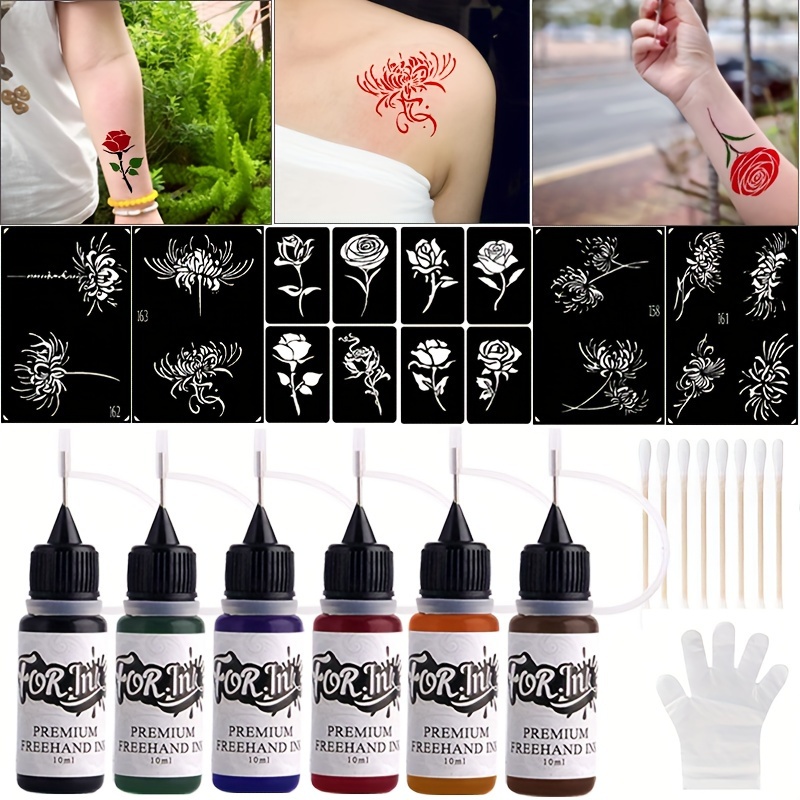 Henna Tattoo Kit,Temporary Ink Kit, DIY Temp for Women Adults, 63 Pcs Free  Adhesive Stencils, For DIY Fake Freckle