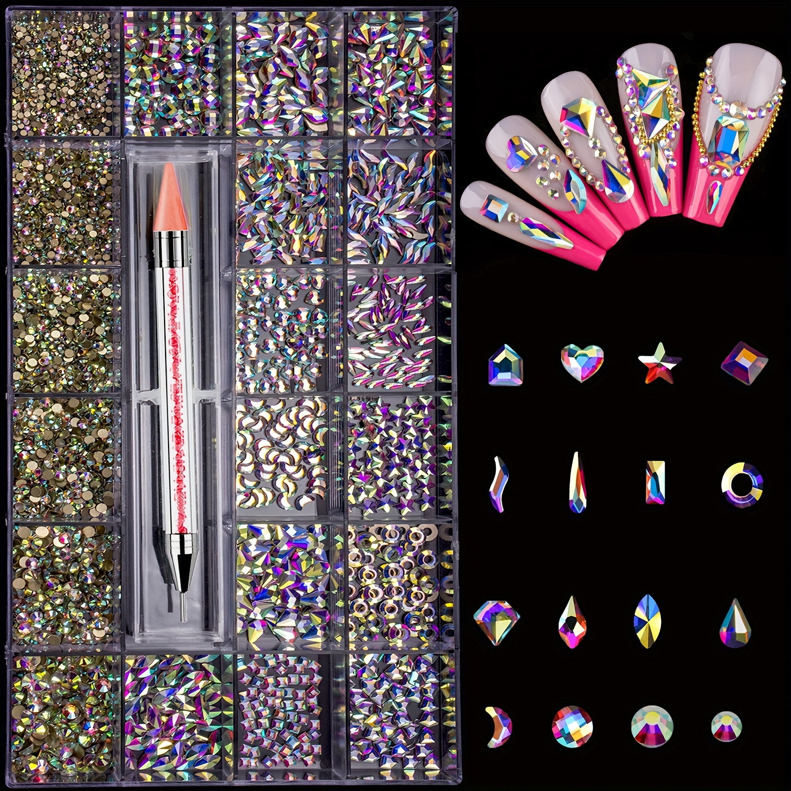 Nail Art Rhinestones Kit, Crystals AB Rhinestones for Nails, Multi Shapes  Flatback Nail Stones