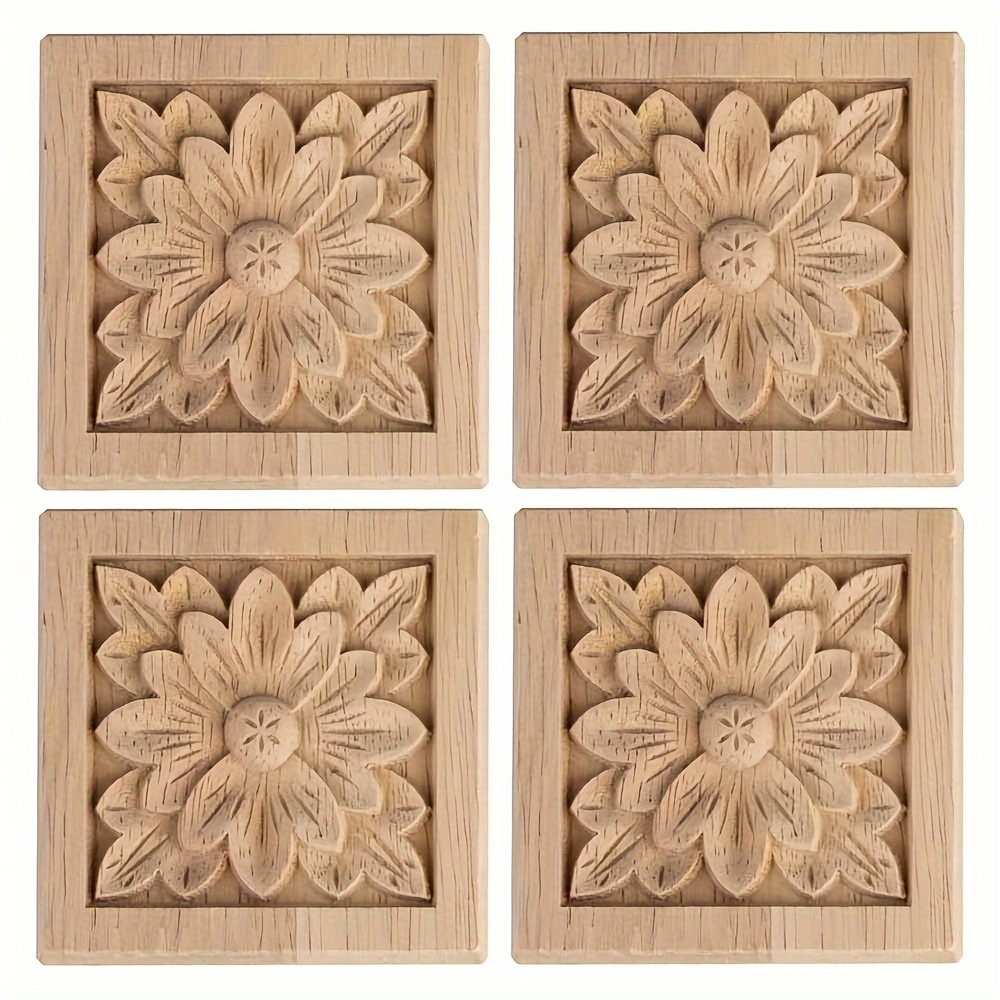 

4pcs Decorative Wood Flower Carved Appliques Onlays, 3.15 X 3.15inch Unpainted Solid Wood Square Carving Decal For Furniture Cabinet Closet Decoration (8cm)