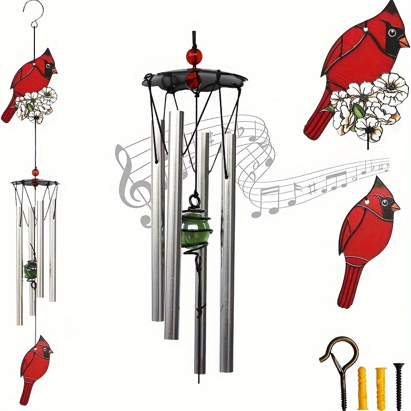 

red Bird Metal Wind Chimes - Fresh Red Wind Chimes Creative Wind Chimes Memorial Gift Indoor Outdoor Garden Decor, 24"(about 61cm) With 4 Tuner Tubes With Safety Buckle Screw-in Hooks