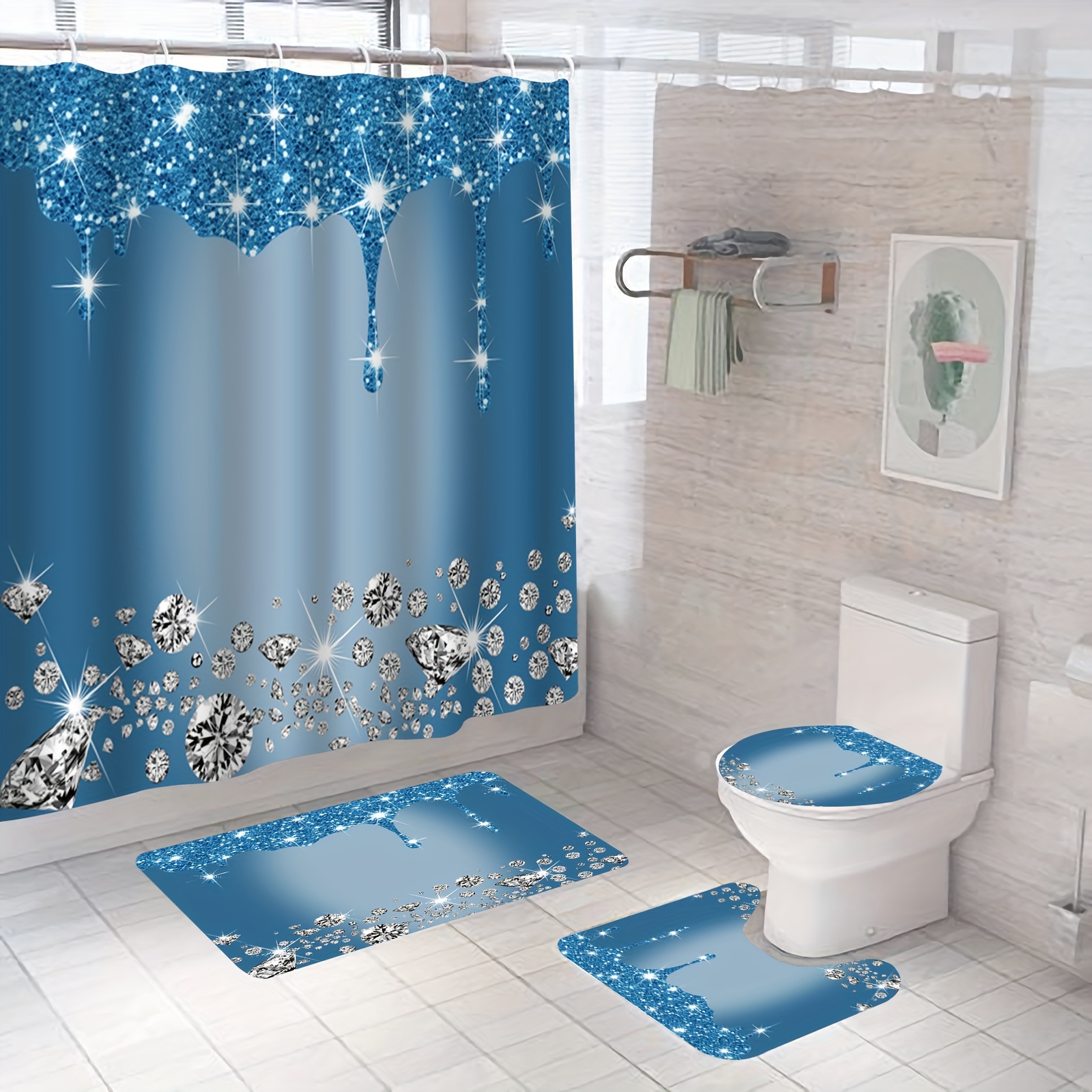 4pcs Juego Cortina Ducha Baño Cortina Baño Patrón Diamante - Temu Chile