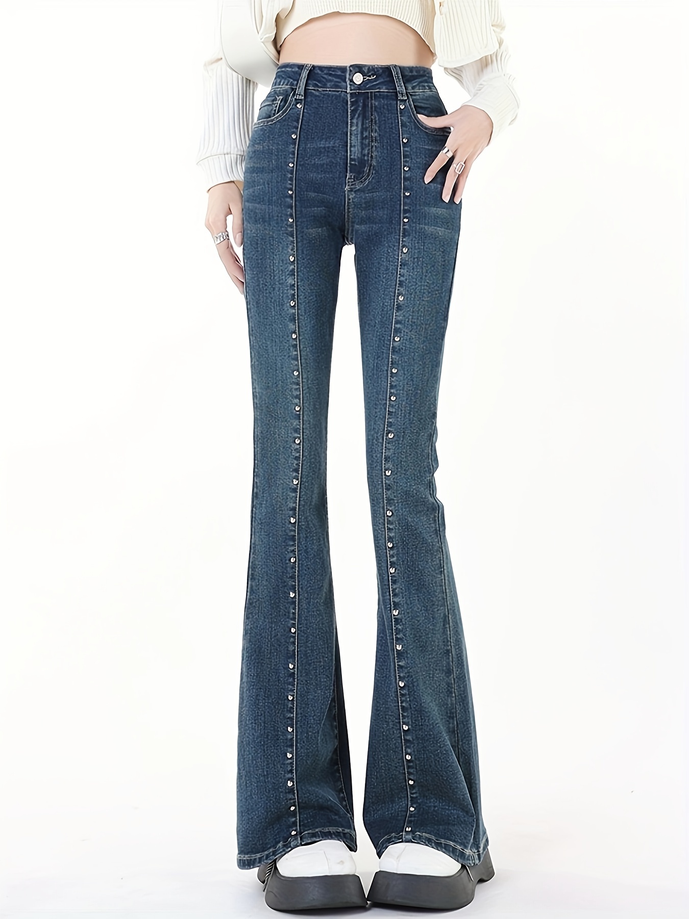 Studded Decor Pintuck Bootcut Jeans High Waist Slim Fit High - Temu