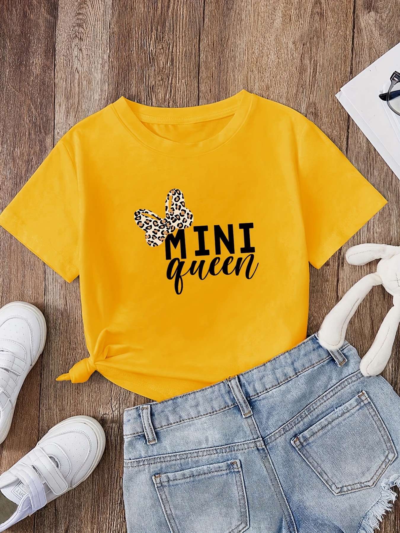 Meninas Mini Queen Leopard Bow Graphic Tee Cotton Comfort - Temu Portugal