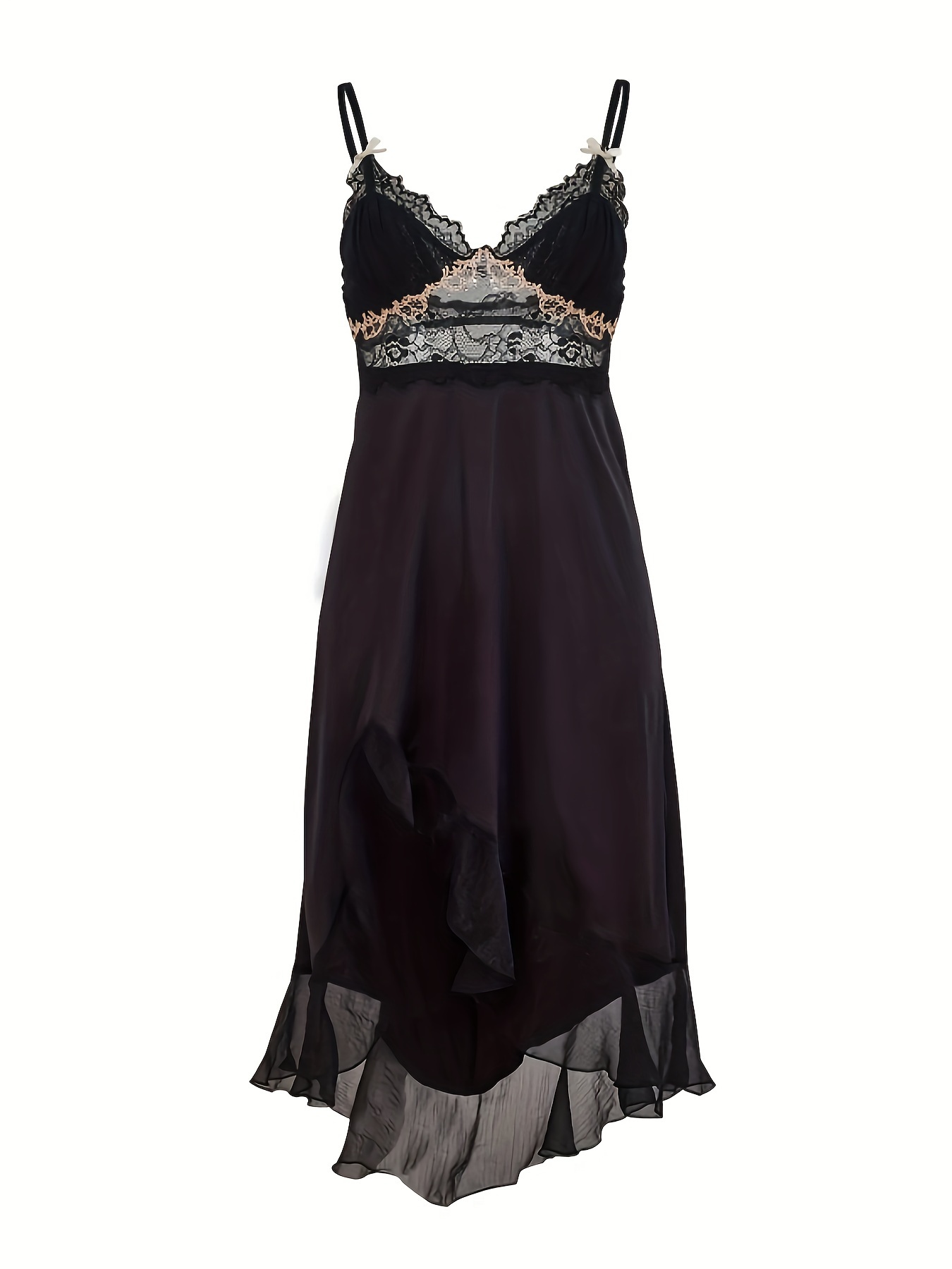 Lace Stitching Slip Nightdress, Romantic V Neck Irregular Hem Sleep Dress,  Women's Sleepwear & Dresses