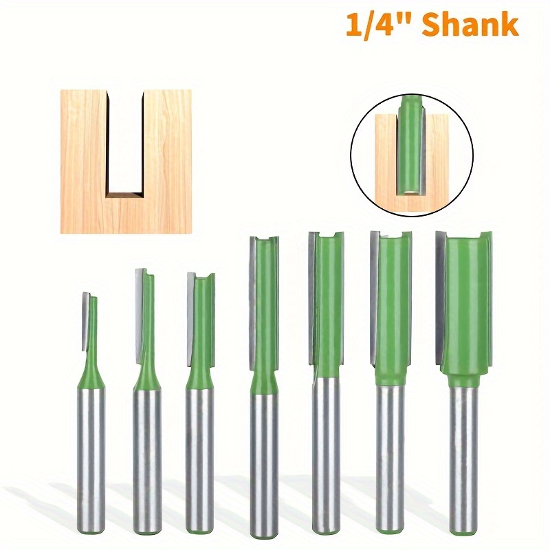 

7pcs 1/4" Shank Tungsten Carbide Double&single Flute Straight Dado Router Bit Set, 3/4/5/6/8/10/12mm Cutting Diameter Straight Bit Milling Cutter For Woodworking