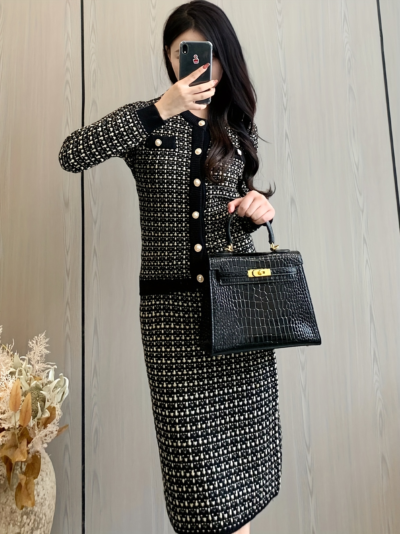 Full Printed Elegant Two-piece Set, Button Front Long Sleeve Tops & Bag Hip  Skirts Outfits, Women's Clothing