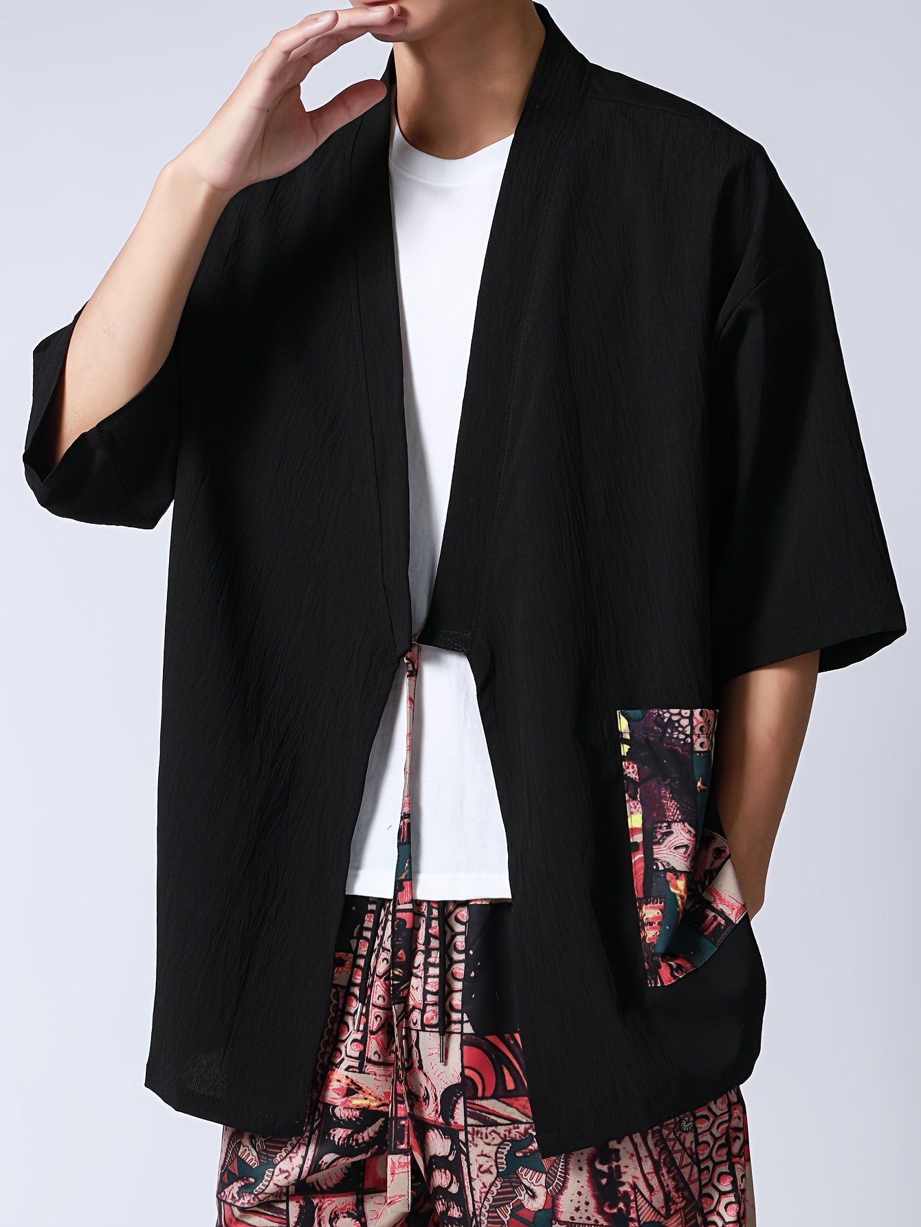 Men's Casual Random Print Kimono Pocket Drawstring Male - Temu