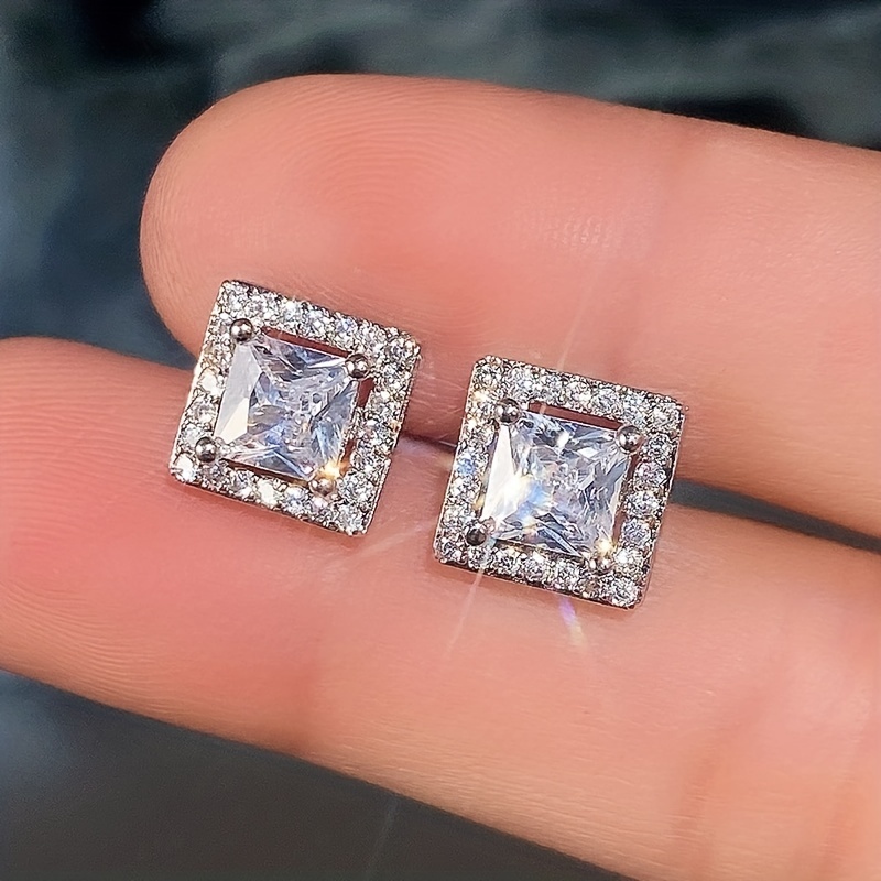 

Sparkling Square Design Stud Earrings Copper Silver Plated Jewelry Embellished With Zircon Elegant Luxury Style Engagement Jewelry