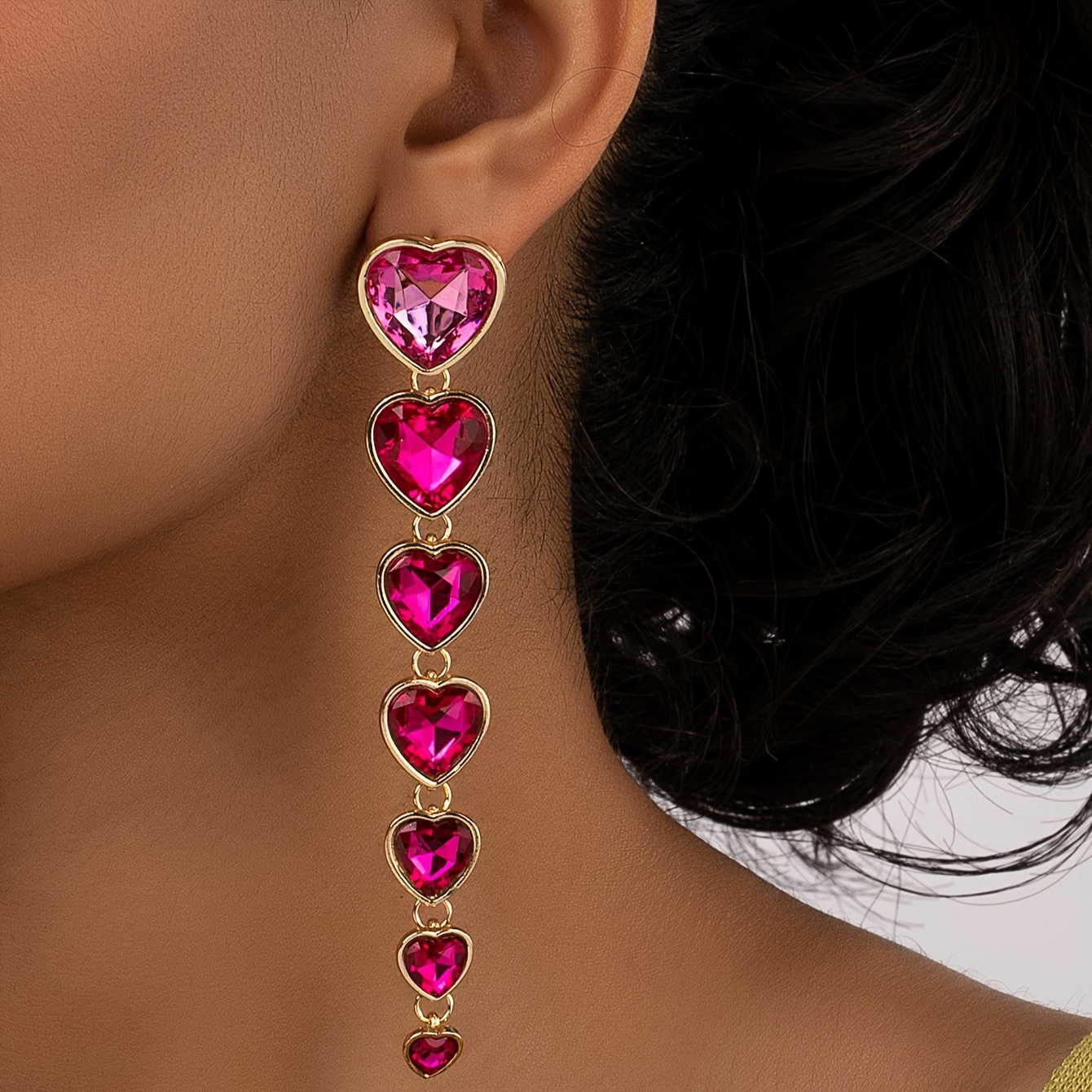 

Long Heart Tassel Design Dangle Earrings Zinc Alloy Jewelry Embellished With Hot Pink Faux Stones Elegant Sexy Style Party Earrings