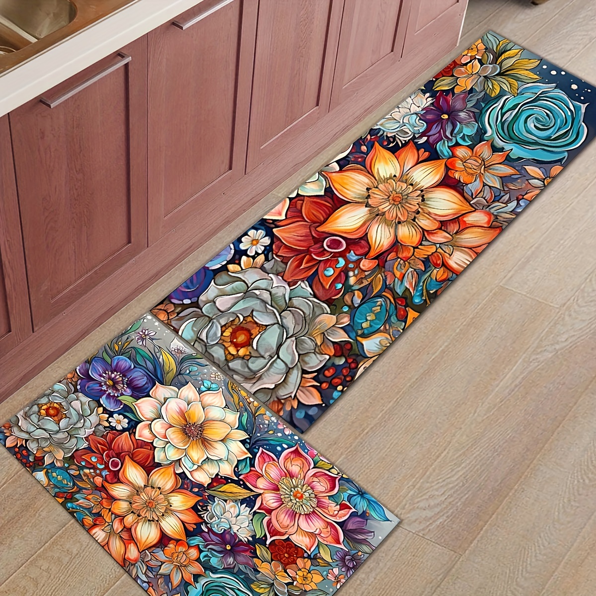 Bohemian Watercolor Floral Kitchen Strip Mat With Anti Slip Soft Carpet,waterproof  Kitchen Mat, Dirt-resistant Floor Mat, Machine Washable, Entrance Doormat,  Kitchen Living Room Laundry Bathroom Water-absorbing Floor Mat, Room Decor,  - Temu