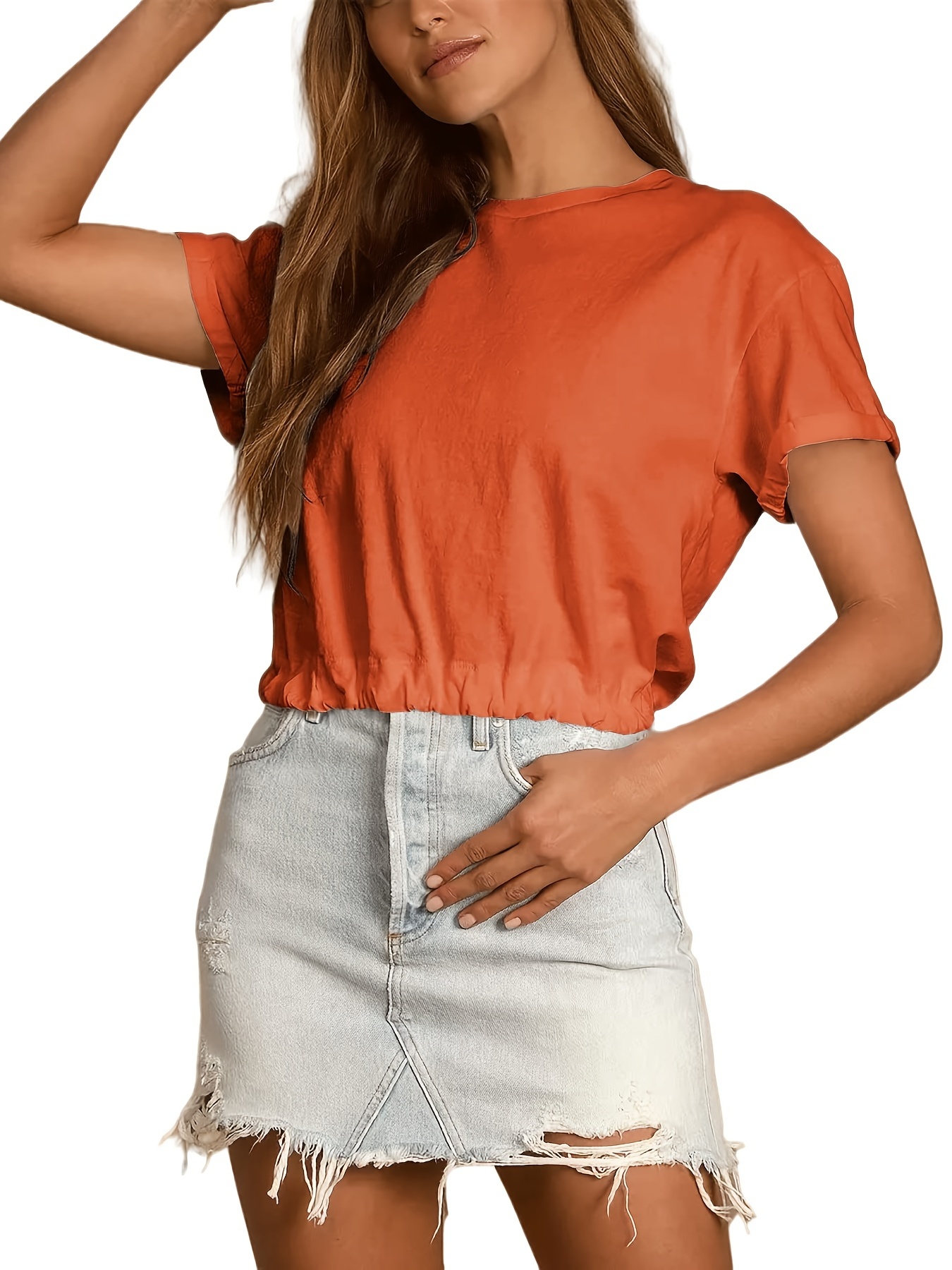 Lu's Chic Women's Soft Top Crop Tshirt Slim Fit Short Sleeve Sheer Mock  Neck Sports Fashion Stretch T-shirt Orange 8-10