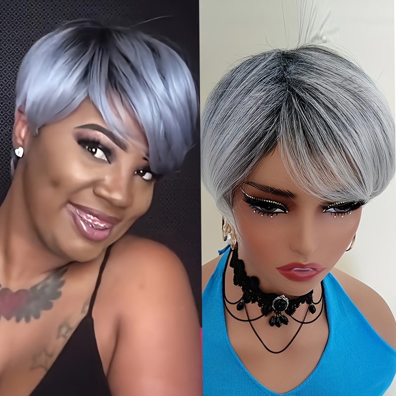 Ombre Gray Wigs For Women Short Hair Wigs With Bangs Pixie Temu