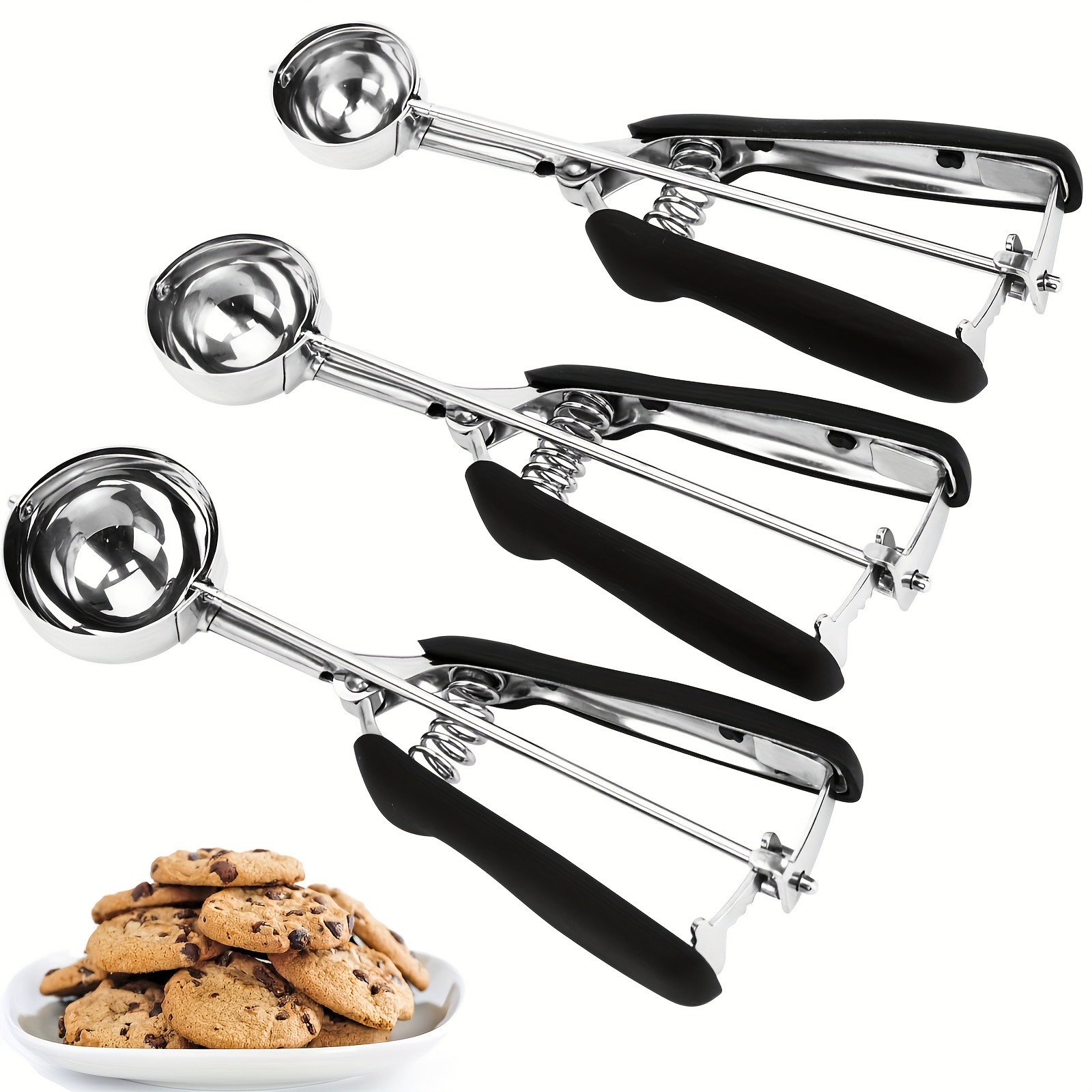 Stainless Steel Ice Cream Scoop Set, 3 PCS 18/8 Stainless Steel Ice Cream  Scoop Trigger Include Large-Medium-Small Size,Cookie Scoop, Melon Scoop 