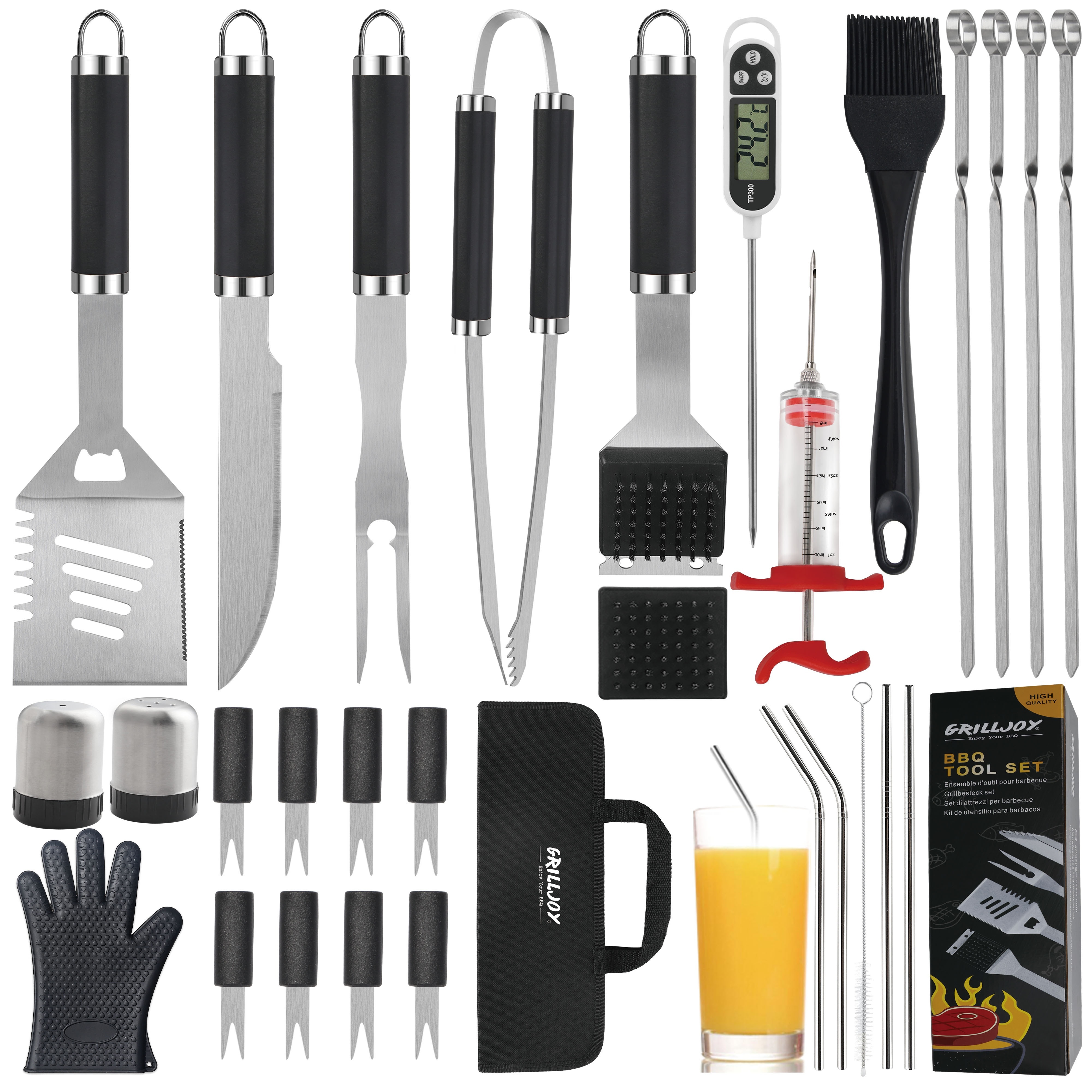 grilljoy 30PCS BBQ Grill Tools Set with Thermometer and Meat Injector.  Extra Thick Steel Spatula, Fork& Tongs - Complete Grilling Accessories in  Portable Bag - Perfect Grill Gifts for Men and Women