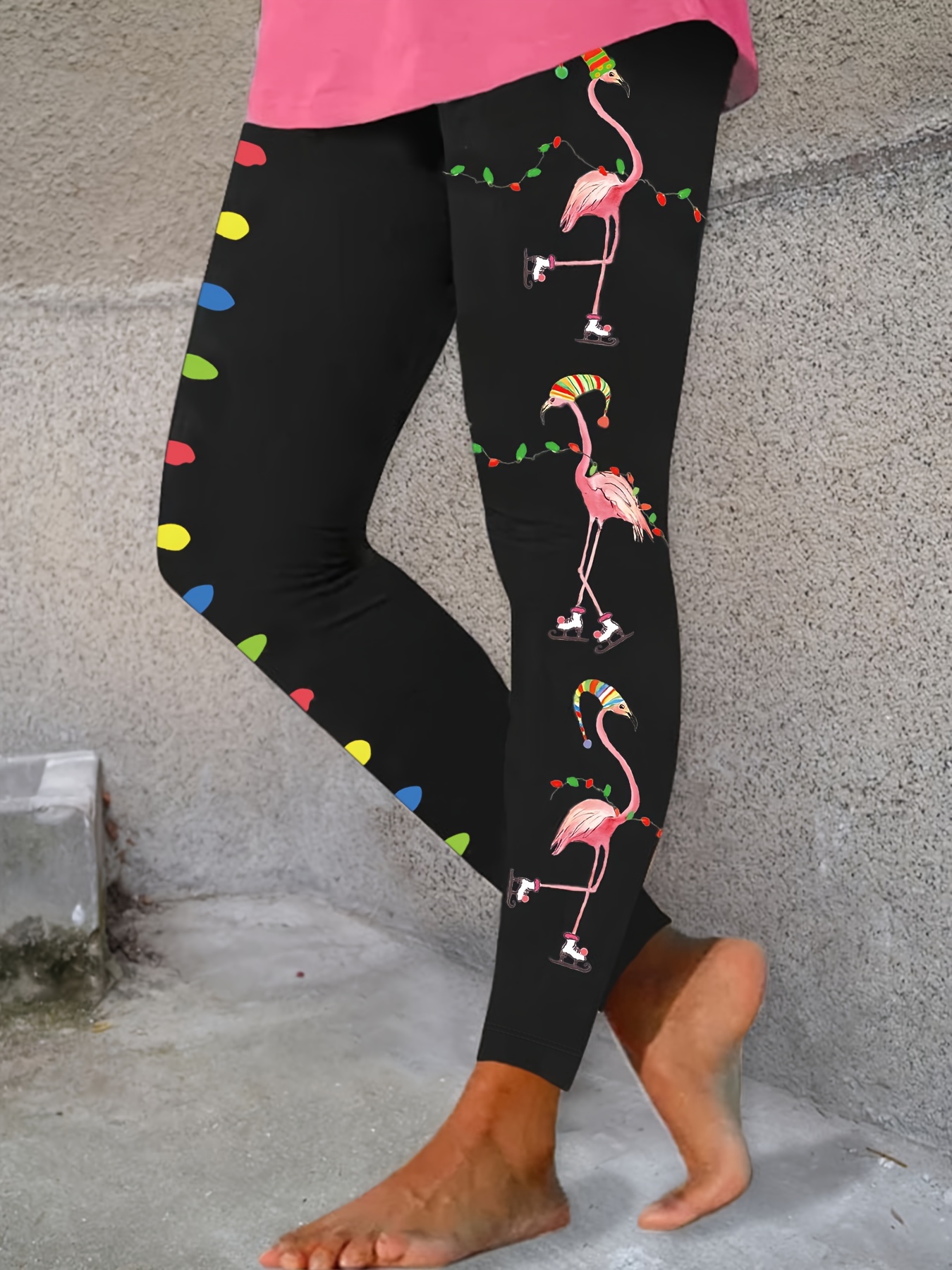 Christmas Flamingo Print Skinny Leggings Cute Every Day - Temu