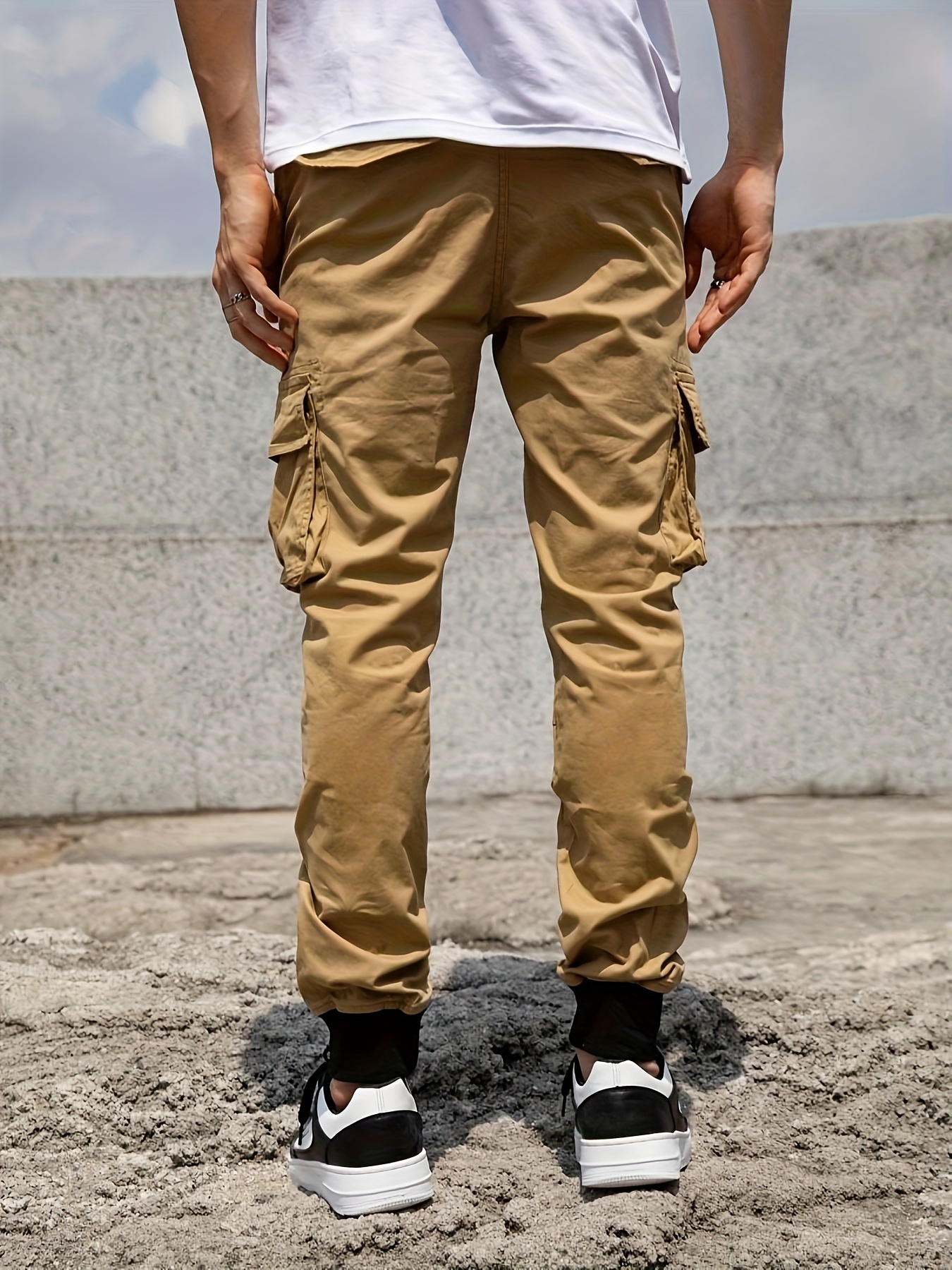 Cotton Blend Trendy Solid Cargo Pants Men's Multi Flap - Temu Canada