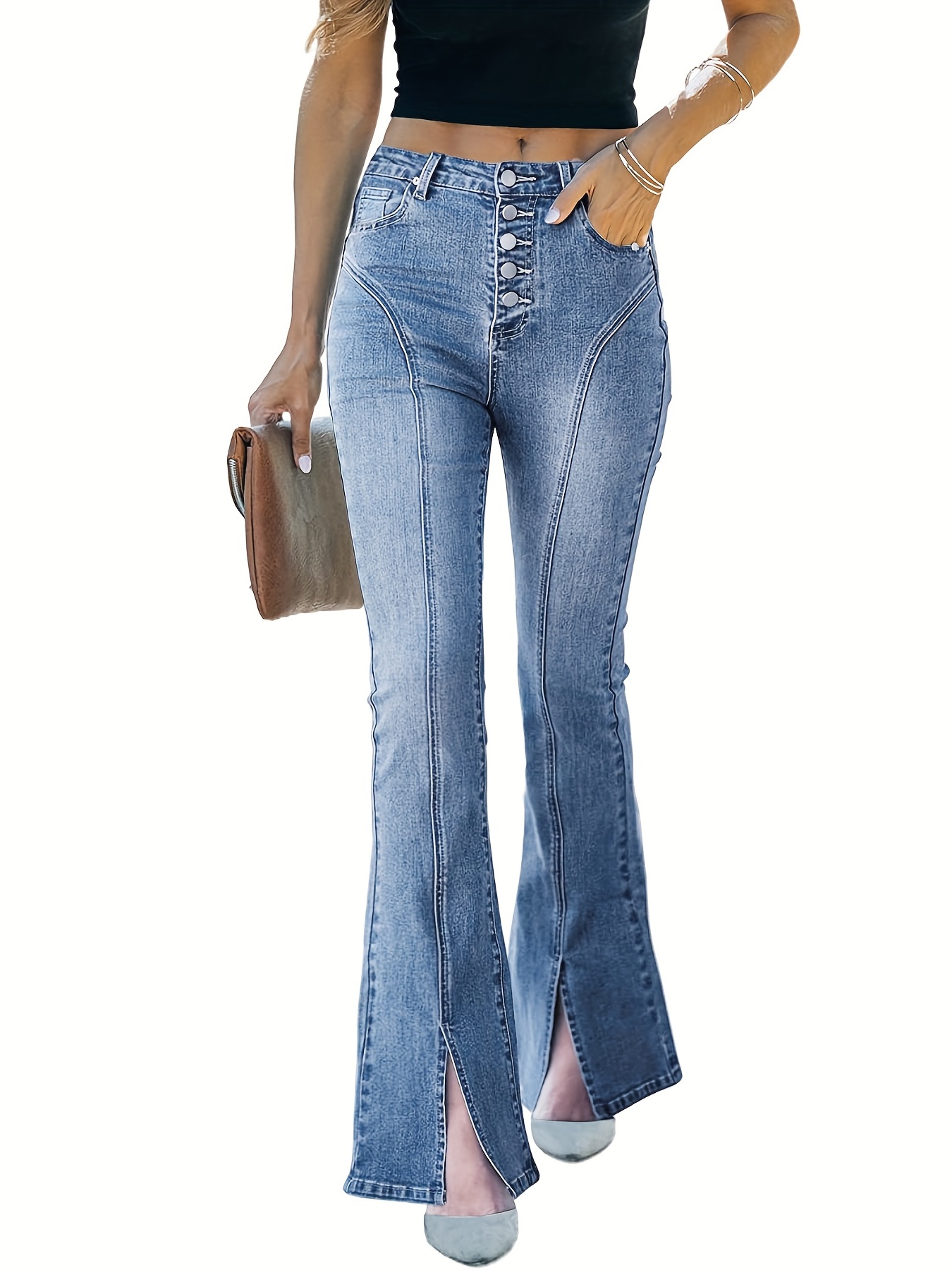 Slim Fit High Waist Button Fly Flare Jeans Casual Stretch - Temu
