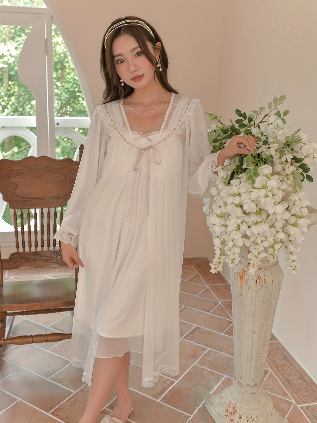 Women's V-neck lace edge Modal Nightgown Mesh Long Sleeved Pajamas