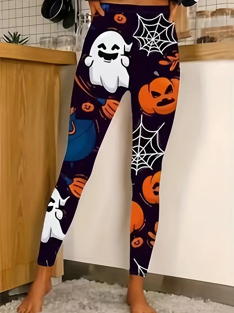 Plus Size Halloween Leggings, Women's Plus Allover Ghost & Pumpkin & Spider  Web Print High * Medium Stretch Leggings